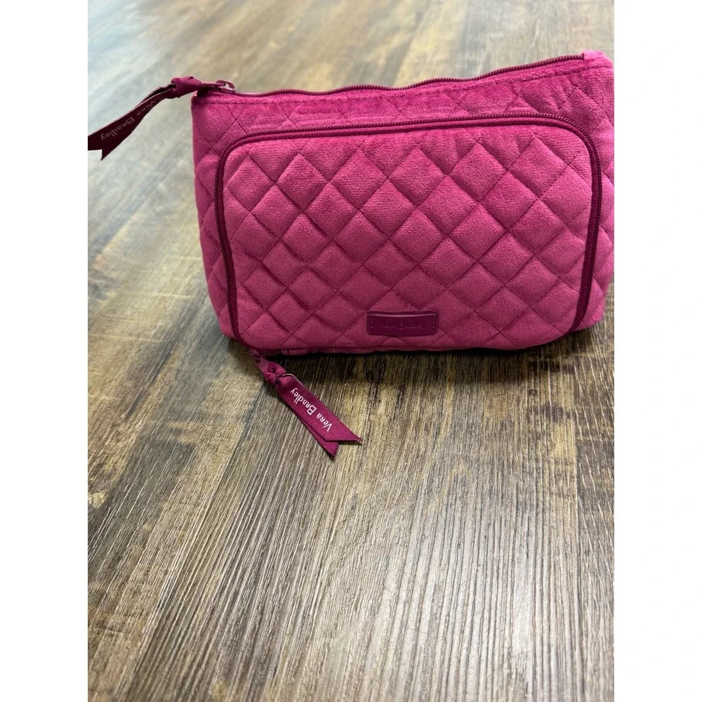 Vera Bradley Quilted Velvet Cosmetic Bag Magenta Pink Travel Makeup Organizer